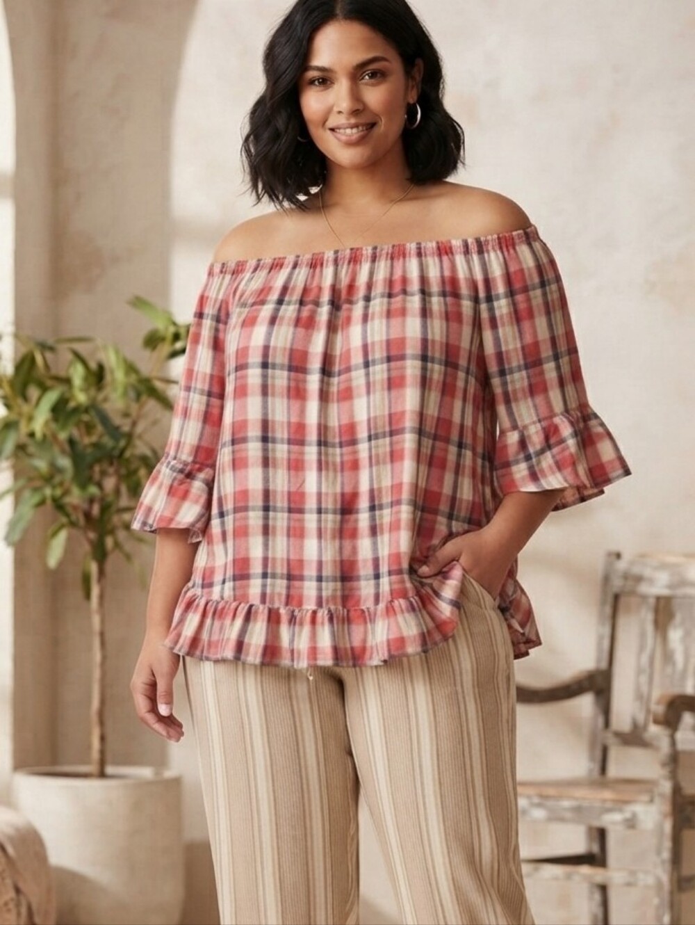 Jane & Delancey Plaid Flannel Off Shoulder Blouse Size XL